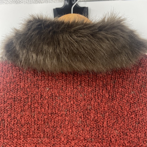 Rust colored wool blend toggle close knit sweater Jacket faux fur collar large - Picture 14 of 16
